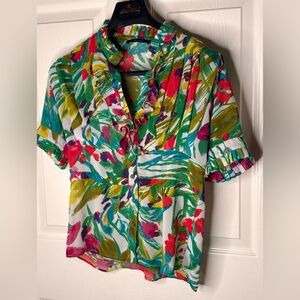 Belissimo Button down Shear Floral Ruffle Pleat Front Green White Boho Blouse